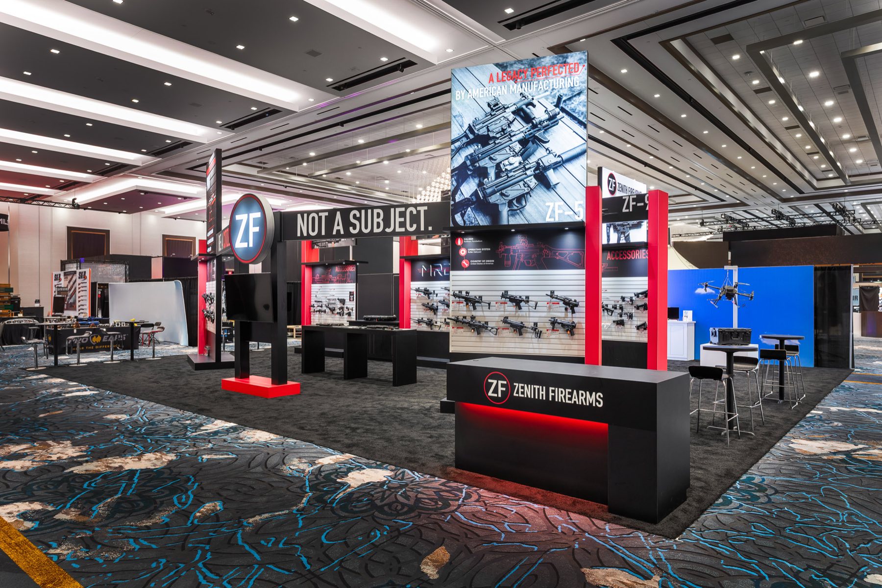 Zenith Firearms 40x50 island booth at SHOT Show 2026, designed and built by Art & Display